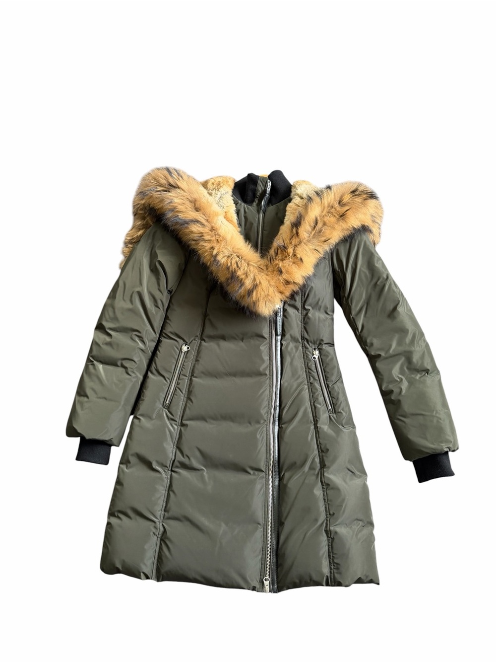 Mackage Trish Olive Down Puffer Coat Genuine Fox Rabbit Fur Hood